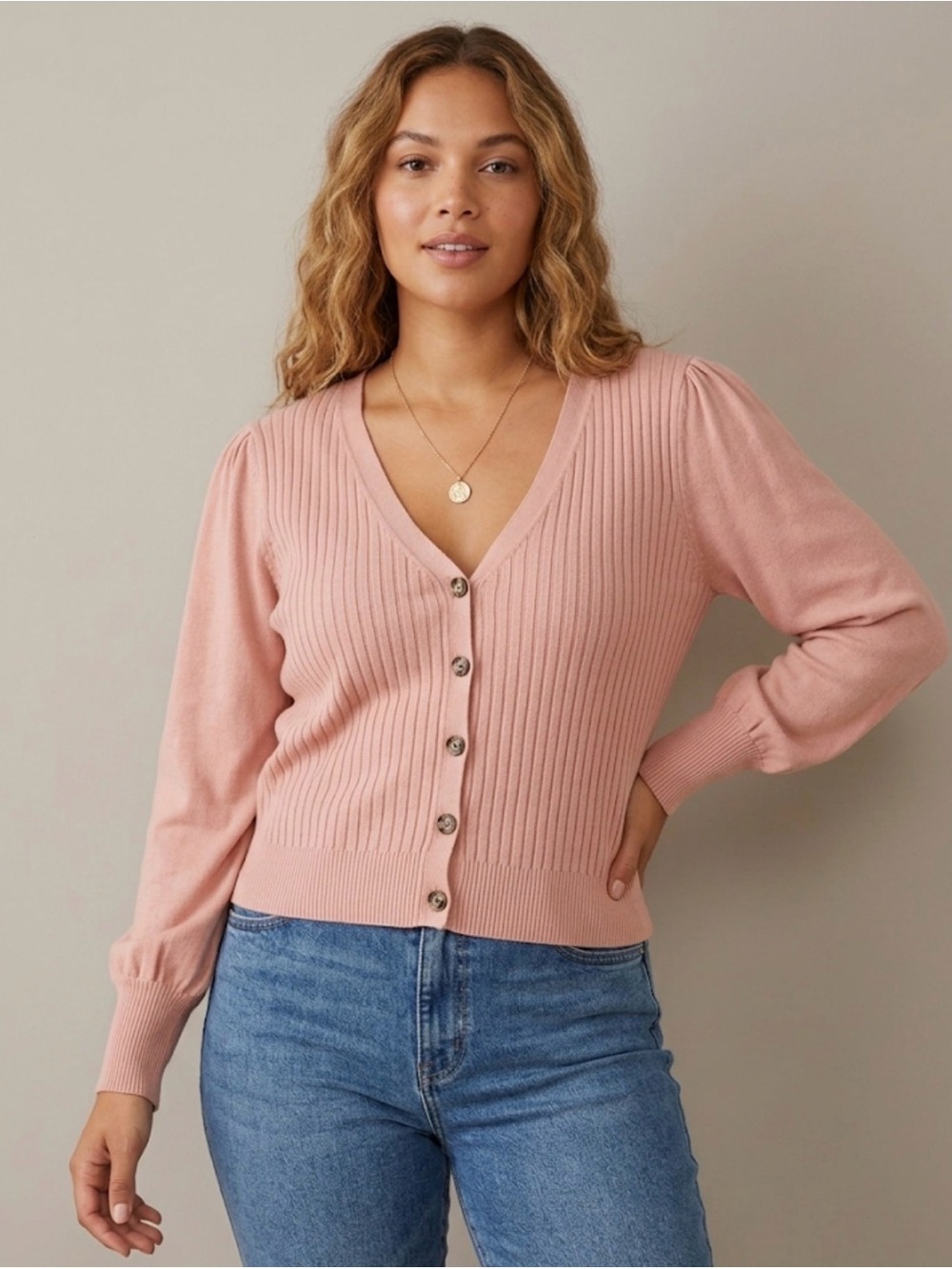 Marled Dusty Pink Ribbed V-Neck Button Cardigan